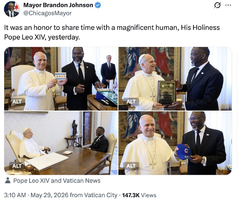 Someone should explain to the Pope that the Mayor of Chicago is useless, and that Iran cannot have a Nuclear Weapon! President DONALD J. TRUMP2026-05-30 20:33 UTCLinkSomeone should explain to the Pope that the Mayor of Chicago is useless, and that Iran cannot have a Nuclear Weapon! President DONALD J. TRUMP2026-05-30 20:33 UTCLink