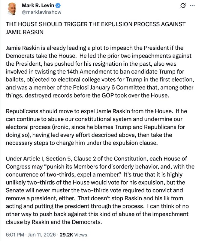 Jamie Raskin, a Loser in Life, who worked endlessly during my First Term to impeach me, and failed miserably, wasting the Country’s money, time, and effort, will guaranteed be trying to do it again, despite one of the most successful Presidencies in History. The last one that went after me on Impeachment was a pathetic soul, Al Green, who just lost his race in a landslide to an unknown candidate but, in my opinion, one that had more talent than Raskin. He spent time on the Unselect Committee of Political Hacks and Thugs, and was rebuffed on that, just as he has been rebuffed on Impeachment, and many other things. If Biden didn’t give him a pardon, he’d be in jail right now! Something should be done about people like this who do bad things, but always come up on the short end because of their illegal or unscrupulous behavior, and hurt our Country in ...2026-06-11 23:50 UTCLink