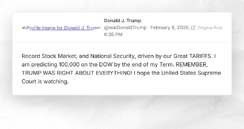 Donald J. Trump: "Record Stock Market, and National Security, driven by our Great TARIFFS. I a...