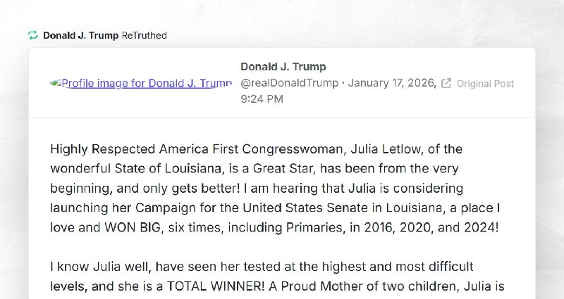 Donald J. Trump: "RT @realDonaldTrumpHighly Respected America First Congresswoman, Julia Letlo...