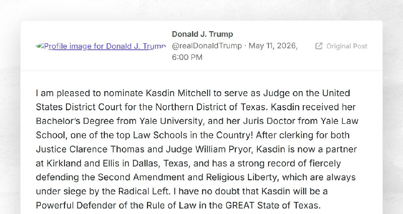 Donald J. Trump: "I am pleased to nominate Kasdin Mitchell to serve as Judge on the United Sta...