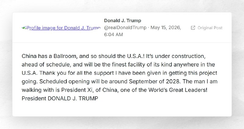 Donald J. Trump: "China has a Ballroom, and so should the U.S.A.! It’s under construction, ahe...