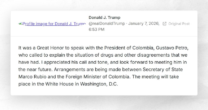 Donald J. Trump: "It was a Great Honor to speak with the President of Colombia, Gustavo Petro,...