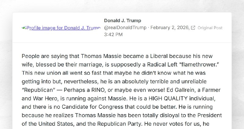 Donald J. Trump: "People are saying that Thomas Massie became a Liberal because his new wife, ...