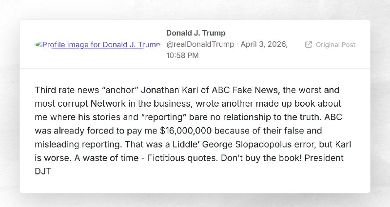 Donald J. Trump: "Third rate news “anchor” Jonathan Karl of ABC Fake News, the worst and most ...