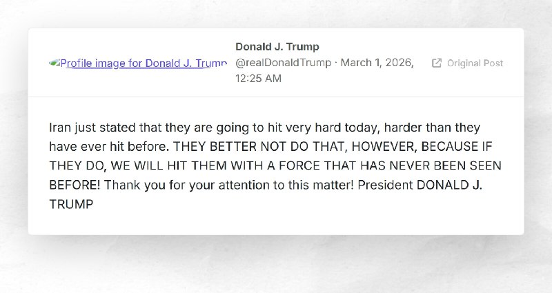 Donald J. Trump: "Iran just stated that they are going to hit very hard today, harder than the...