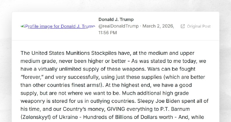 Donald J. Trump: "The United States Munitions Stockpiles have, at the medium and upper medium ...