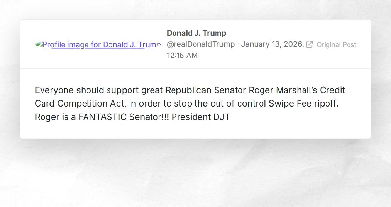 Donald J. Trump: "Everyone should support great Republican Senator Roger Marshall’s Credit Car...