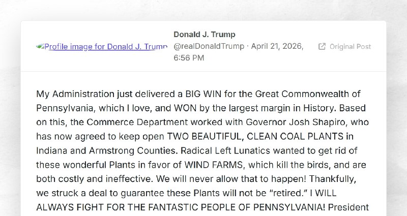 Donald J. Trump: "My Administration just delivered a BIG WIN for the Great Commonwealth of Pen...