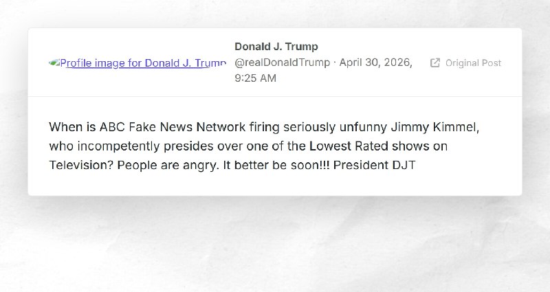 Donald J. Trump: "When is ABC Fake News Network firing seriously unfunny Jimmy Kimmel, who inc...