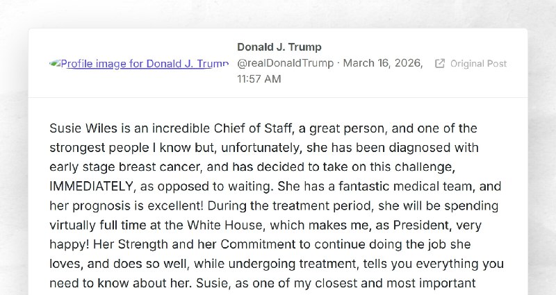 Donald J. Trump: "Susie Wiles is an incredible Chief of Staff, a great person, and one of the ...