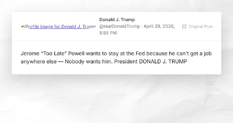 Donald J. Trump: "Jerome “Too Late” Powell wants to stay at the Fed because he can’t get a job...