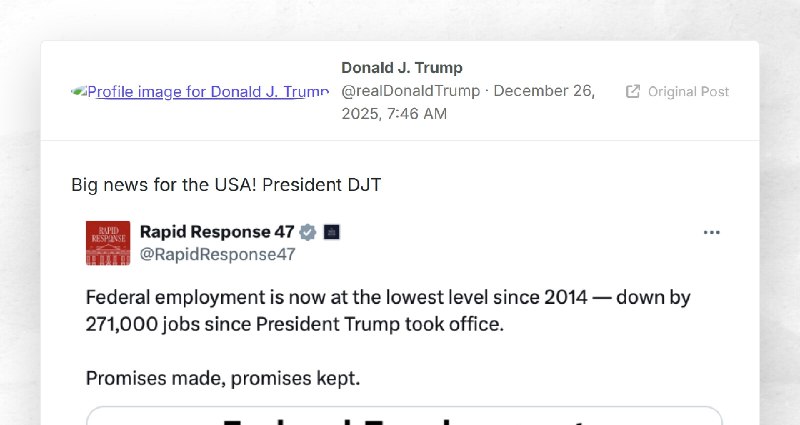 Donald J. Trump: "Big news for the USA! President DJT"