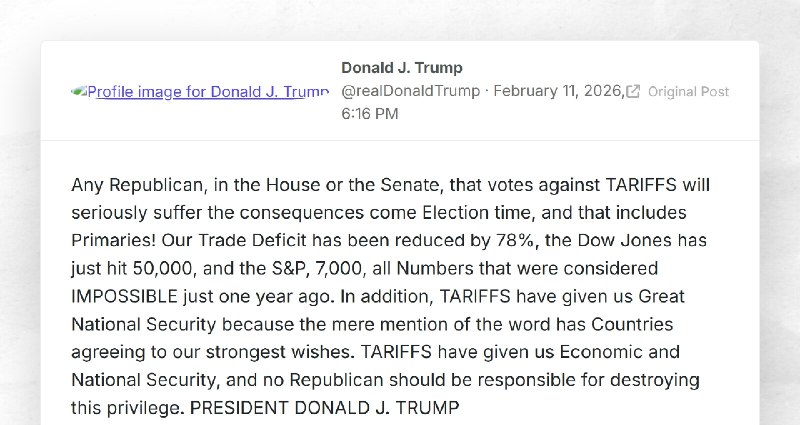 Donald J. Trump: "Any Republican, in the House or the Senate, that votes against TARIFFS will ...