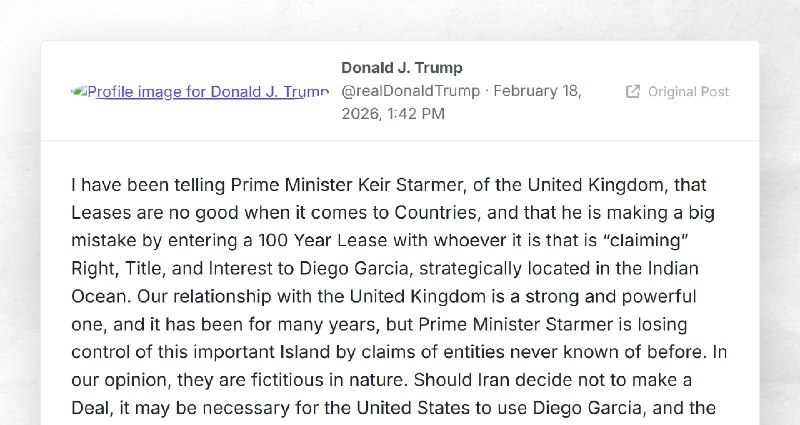 Donald J. Trump: "I have been telling Prime Minister Keir Starmer, of the United Kingdom, that...