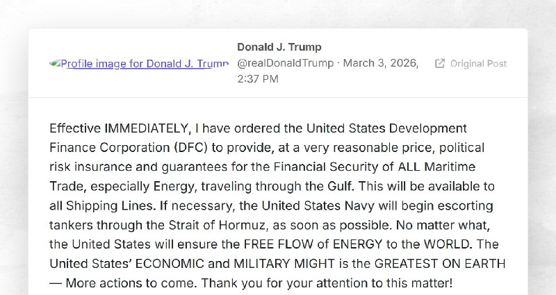 Donald J. Trump: "Effective IMMEDIATELY, I have ordered the United States Development Finance ...