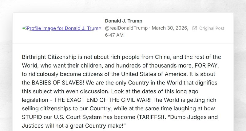Donald J. Trump: "Birthright Citizenship is not about rich people from China, and the rest of ...