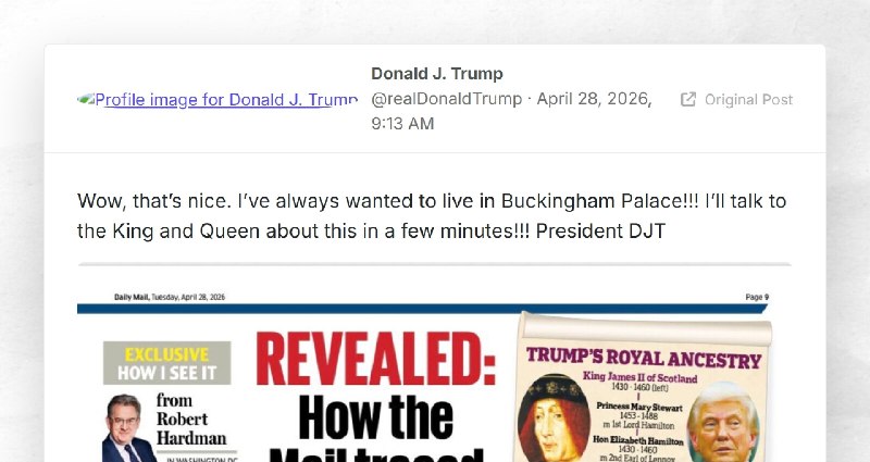 Donald J. Trump: "Wow, that’s nice. I’ve always wanted to live in Buckingham Palace!!! I’ll ta...