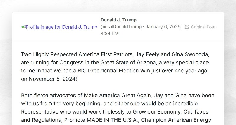 Donald J. Trump: "Two Highly Respected America First Patriots, Jay Feely and Gina Swoboda, are...
