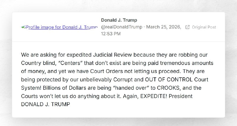 Donald J. Trump: "We are asking for expedited Judicial Review because they are robbing our Cou...