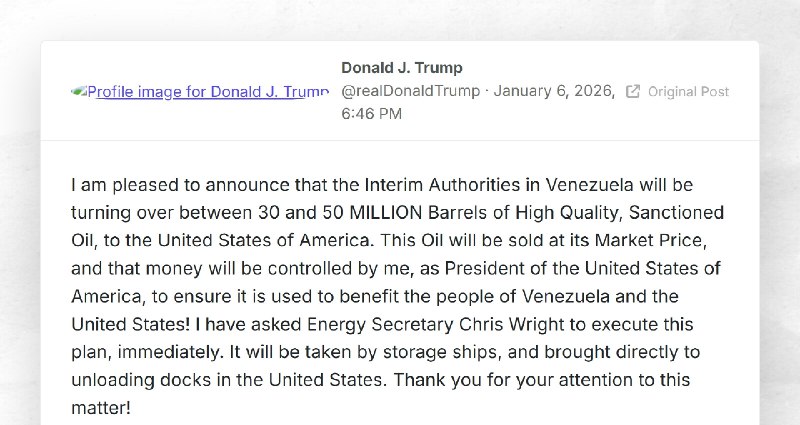 Donald J. Trump: "I am pleased to announce that the Interim Authorities in Venezuela will be t...