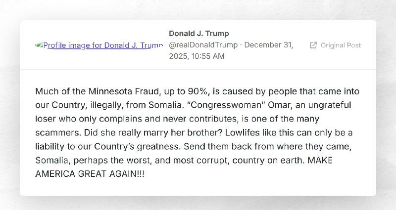 Donald J. Trump: "Much of the Minnesota Fraud, up to 90%, is caused by people that came into o...