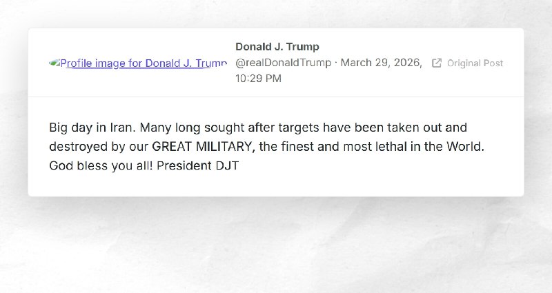 Donald J. Trump: "Big day in Iran. Many long sought after targets have been taken out and dest...