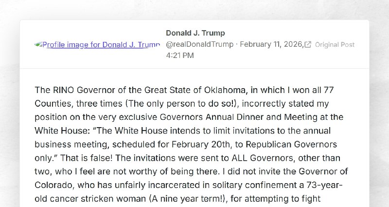 Donald J. Trump: "The RINO Governor of the Great State of Oklahoma, in which I won all 77 Coun...