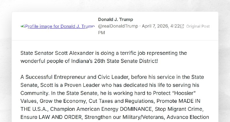 Donald J. Trump: "State Senator Scott Alexander is doing a terrific job representing the wonde...