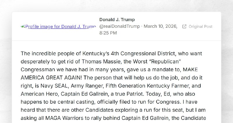 Donald J. Trump: "The incredible people of Kentucky’s 4th Congressional District, who want des...