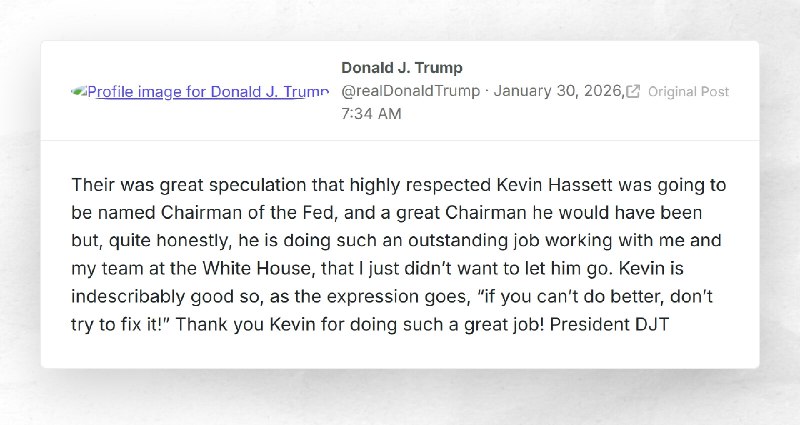 Donald J. Trump: "Their was great speculation that highly respected Kevin Hassett was going to...