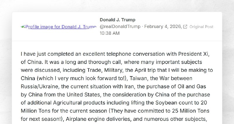 Donald J. Trump: "I have just completed an excellent telephone conversation with President Xi,...