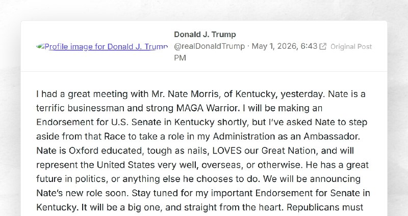 Donald J. Trump: "I had a great meeting with Mr. Nate Morris, of Kentucky, yesterday. Nate is ...