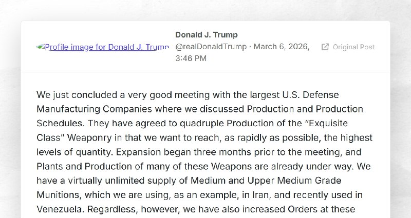 Donald J. Trump: "We just concluded a very good meeting with the largest U.S. Defense Manufact...