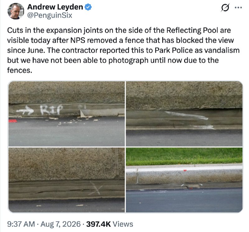 Now that people are able to see it up close, they are reporting pure VANDALISM at The Reflecting Pool. Thank you Andrew Leyden for your observation! The material was cut right where the video tape showed, for 300 feet or more. People were on their knees with their hands in the water at the exact location of the “slashes.” Additionally, there were witnesses to the VANDALISM, and the flexible areas of the material were cut with a knife. U.S. Attorney Jeanine Pirro should re-visit her hastily made decision, especially since it turned out that the “gentleman” involved is a big player in ActBlue, a disgraceful fundraising SCAM, and is represented by a TRUMP DERANGED SLEAZEBAG, Political Hack Lawyer, Norm Eisen, and CREW, a group that uses “charity” for political purposes which is, to the best of my knowledge, ILLEGAL! I have been beating Eisen,  a comple...2026-08-07 20:48 UTCLink