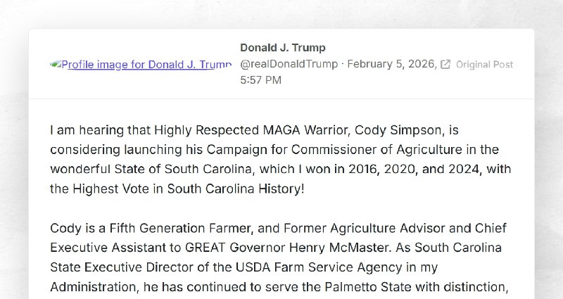 Donald J. Trump: "I am hearing that Highly Respected MAGA Warrior, Cody Simpson, is considerin...