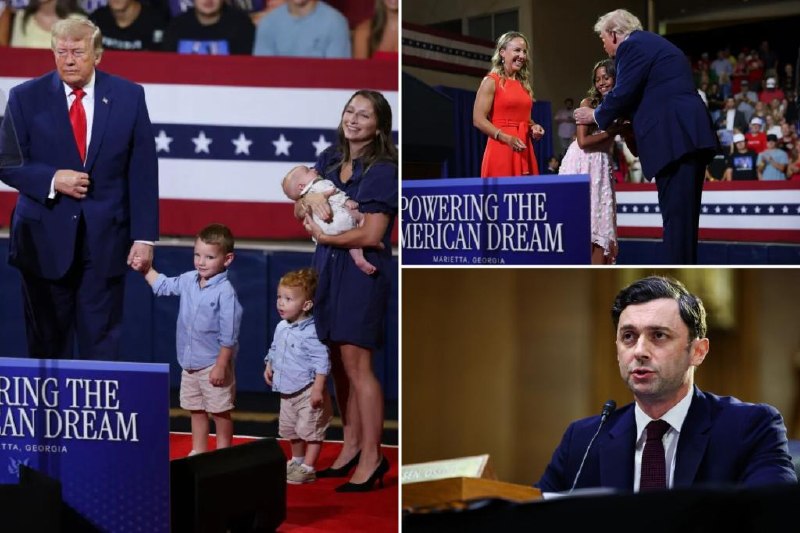 Trump holds hands with toddler and mocks 'Pee-wee Herman look-alike' Jon Ossoff at Georgia Trump Accounts rally
