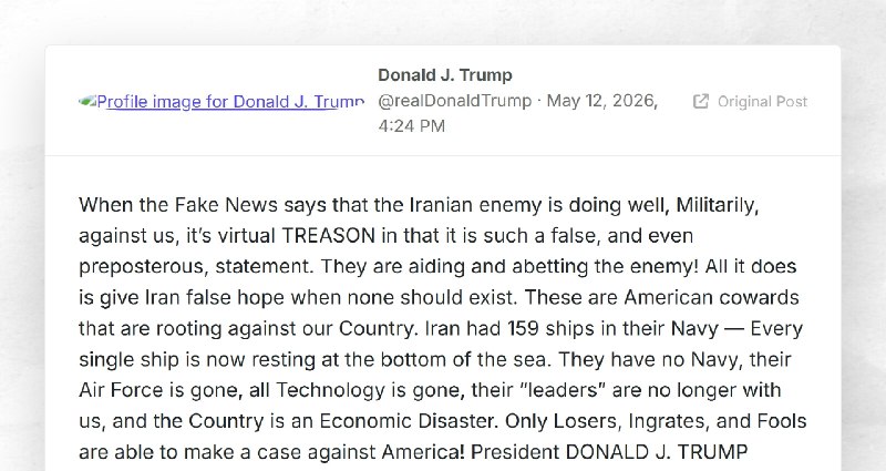 Donald J. Trump: "When the Fake News says that the Iranian enemy is doing well, Militarily, ag...