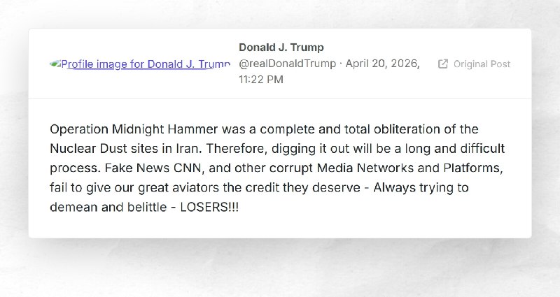 Donald J. Trump: "Operation Midnight Hammer was a complete and total obliteration of the Nucle...