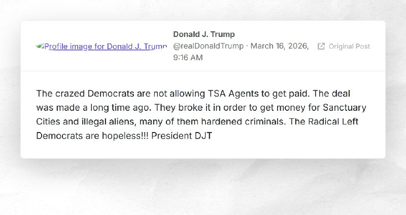 Donald J. Trump: "The crazed Democrats are not allowing TSA Agents to get paid. The deal was m...