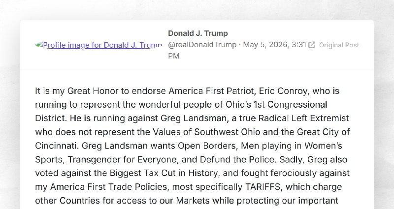Donald J. Trump: "It is my Great Honor to endorse America First Patriot, Eric Conroy, who is r...