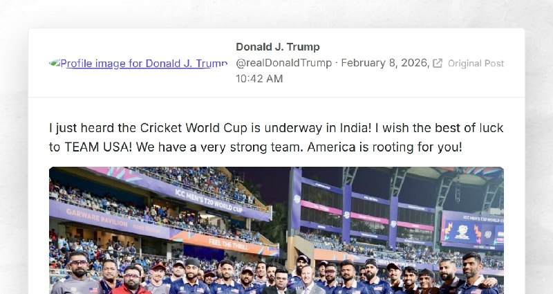 Donald J. Trump: "I just heard the Cricket World Cup is underway in India! I wish the best of ...