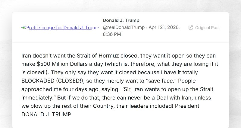 Donald J. Trump: "Iran doesn’t want the Strait of Hormuz closed, they want it open so they can...