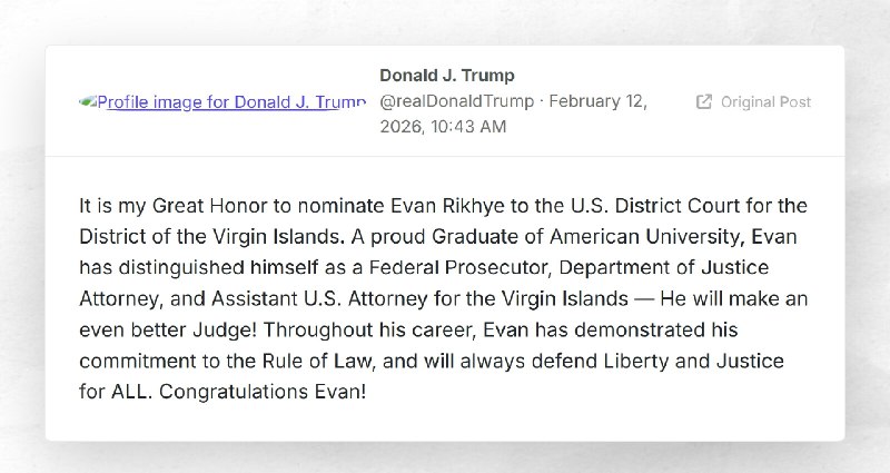 Donald J. Trump: "It is my Great Honor to nominate Evan Rikhye to the U.S. District Court for ...
