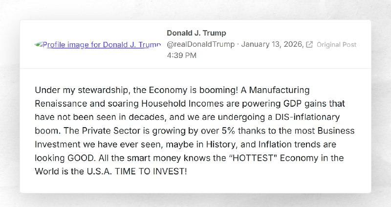 Donald J. Trump: "Under my stewardship, the Economy is booming! A Manufacturing Renaissance an...