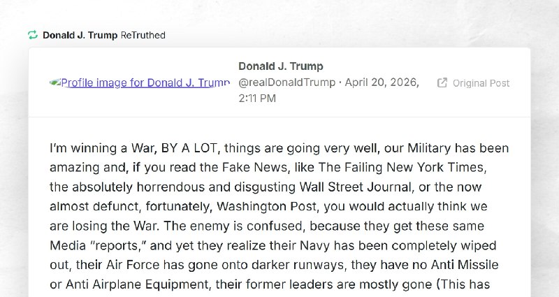 Donald J. Trump: "RT @realDonaldTrumpI’m winning a War, BY A LOT, things are going very well, ...