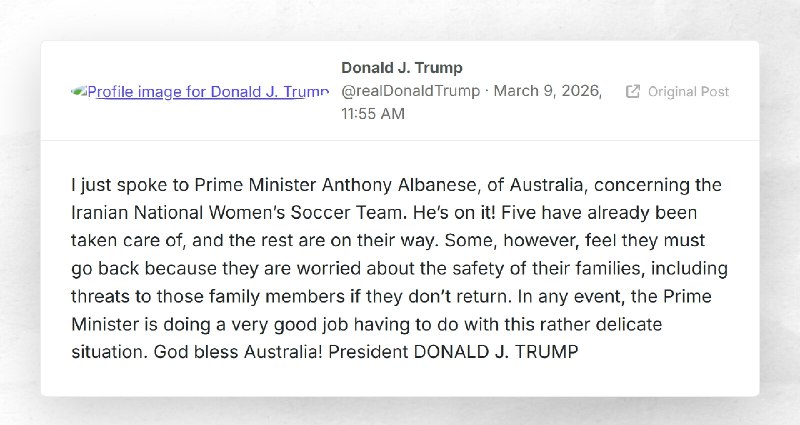 Donald J. Trump: "I just spoke to Prime Minister Anthony Albanese, of Australia, concerning th...