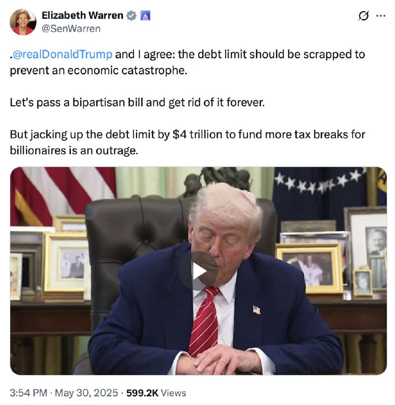 New Truth from @realdonaldtrump:I am very pleased to announce that, after all of these years, I agree with Senator Elizabeth Warren on SOMETHING. The Debt Limit should be entirely scrapped to prevent an Economic catastrophe. It is too devastating to be put in the hands of political people that may want to use it despite the horrendous effect it could have on our Country and, indirectly, even the World. As to Senator Warren’s second statement on the $4 Trillion Dollars, I like that also, but it would have to be done over a period of time, as short as possible. Let’s get together, Republican and Democrat, and DO THIS!View Truth