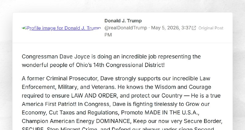 Donald J. Trump: "Congressman Dave Joyce is doing an incredible job representing the wonderful...
