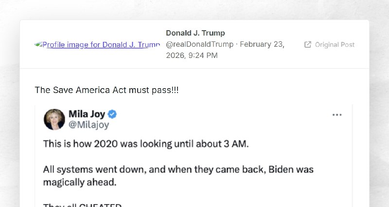 Donald J. Trump: "The Save America Act must pass!!!"
